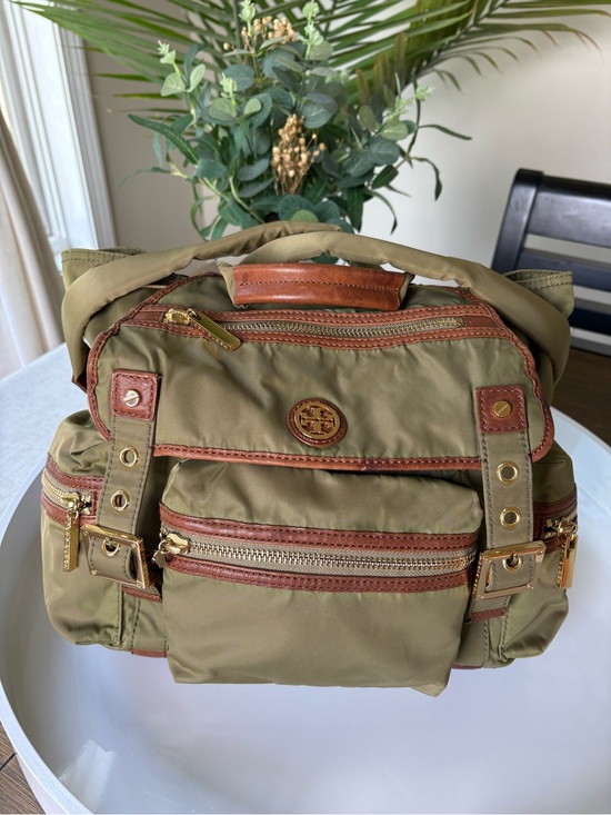 Tory Burch Olive Green Nylon Backpack with Brown Trim and Gold Hardware